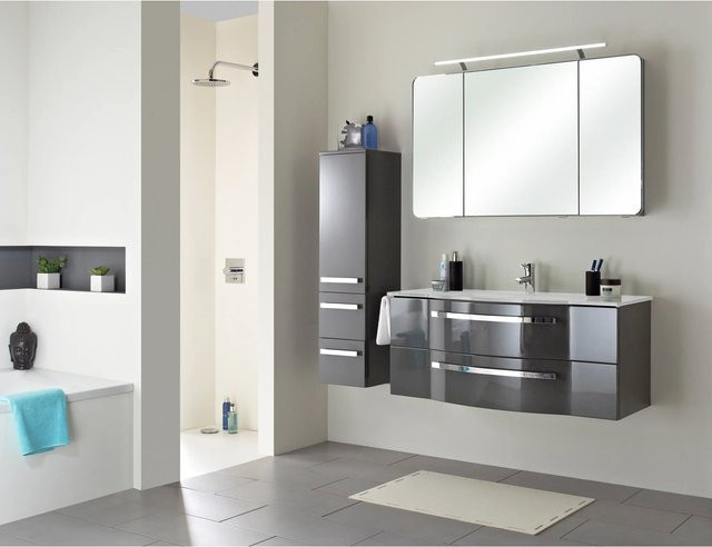 Pelipal Badmöbel-Set Serie 4005 in Steingrau Hochglanz, bestehend aus Waschtischunterschrank, Glaswaschtisch und Spiegelschrank mit LED-Beleuchtung und Steckdose - Bild 1