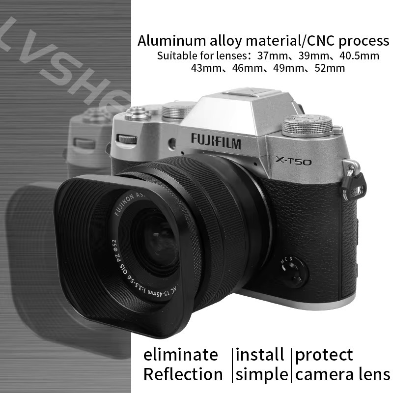Quadratische Kamera-Gegenlichtblende aus Metall in Schwarz oder Silber, kompatibel mit Nikon 16–50, Canon, Sony und Fuji 15–45/35f2, universelles Fotozubehör mit 52 mm, 43 mm, 46 mm und 39 mm - Bild 2