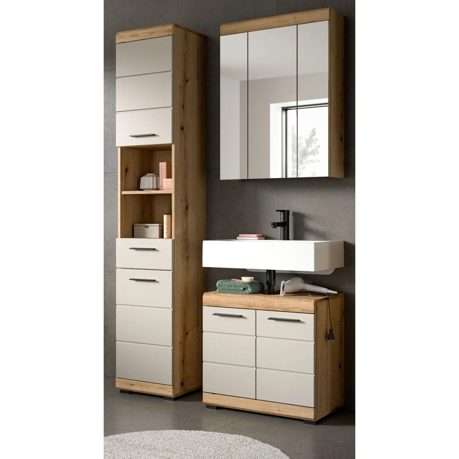 Inn.Furn Badmöbel Set Shawn 3-teilig in Sand und Eiche mit Hochschrank, Spiegelschrank und Waschbeckenunterschrank, Breite: 112 cm - Bild 2