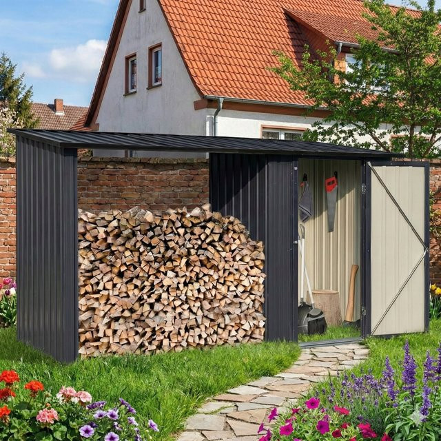 Albatros Profi Gerätehaus M Geräteschuppen mit Holzunterstand für 2,3m3 Holz aus verzinktem Metall in Anthrazit RAL 7016 B/T/H: 266 x 127 x 161 cm - Bild 1