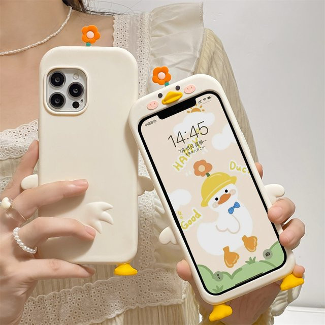 3D-Blumen-Entlein Silikon Handyhülle für iPhone 15, 14, 13, 12 Pro Max, 11, XR, XS Max, 8 Plus in Beige und Weiß - Bild 1