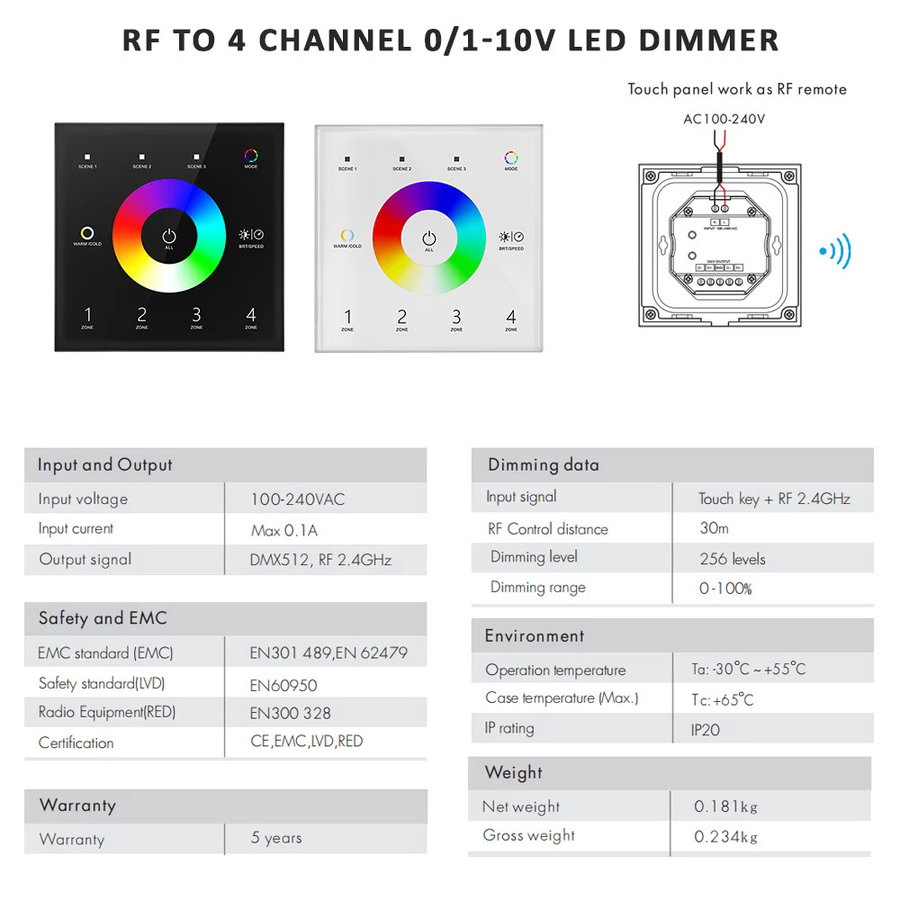 MJJCLED WT5 Tuya Smart RGBCCT Controller 5 in 1 Dimmer für 12V 24V DC LED Streifen mit Wifi und 2,4G RF Touch Panel - Bild 2