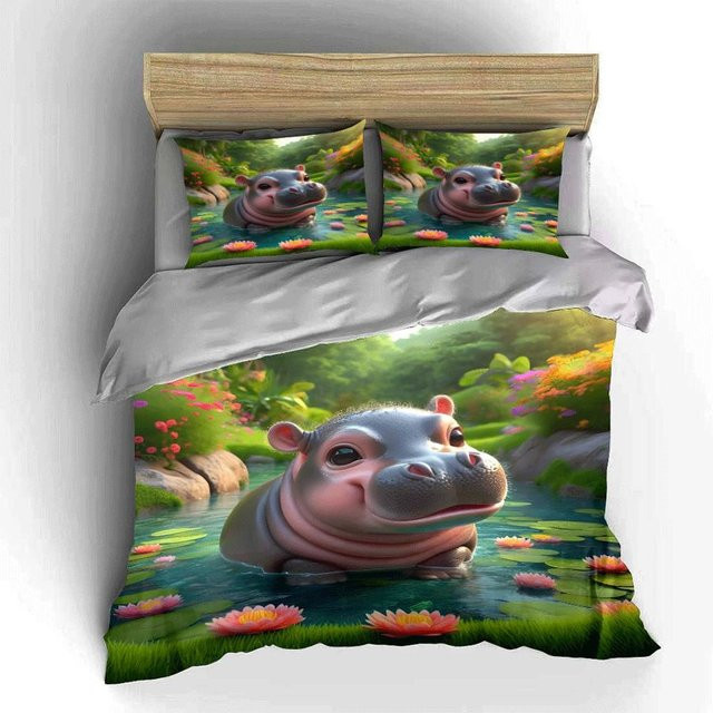 Dreiteiliges Bettwäsche-Set mit Flusspferd-Motiv für Kinderzimmer, EU Twin, B/H: 135 x 200 cm - Bild 1
