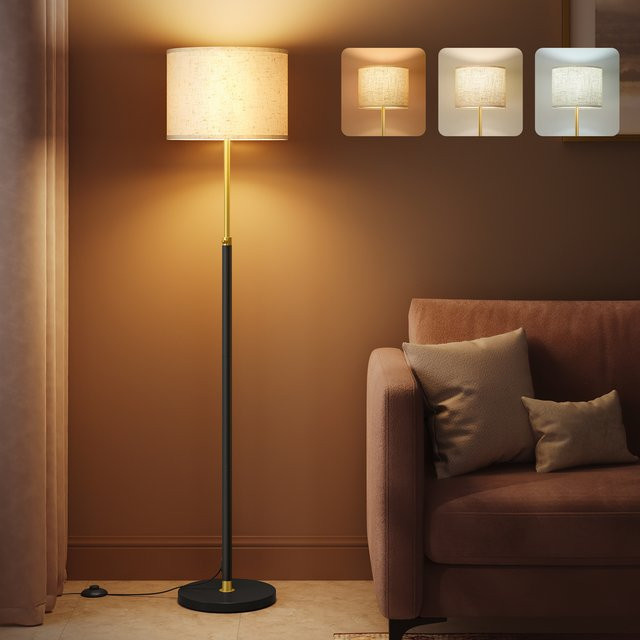 VASAGLE Stehleuchte in Gold-Schwarz mit beige Stoffschirm, höhenverstellbare Leselampe mit Fußtaster und modernem Design - Bild 1
