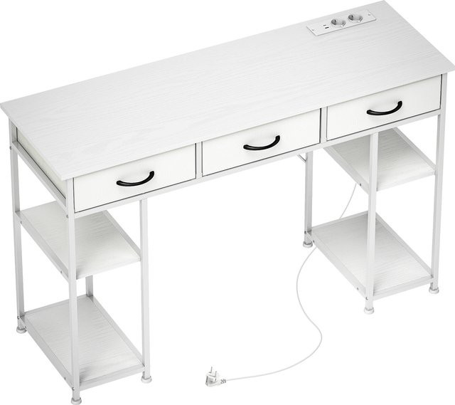 HOMCOM Schreibtisch mit 2 USB-Ladeanschlüssen und 2 Steckdosen, Computertisch mit verstellbaren Regalböden und 3 Stoffschubladen, Weiß, B/T/H: 120 x 40 x 76 cm - Bild 1