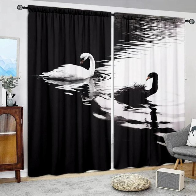 2er-Set Vorhang mit Schwanen-Druck in Schwarz-Weiß, halbtransparent, Breite: 52,5 cm, Höhe: 116 cm - Bild 1