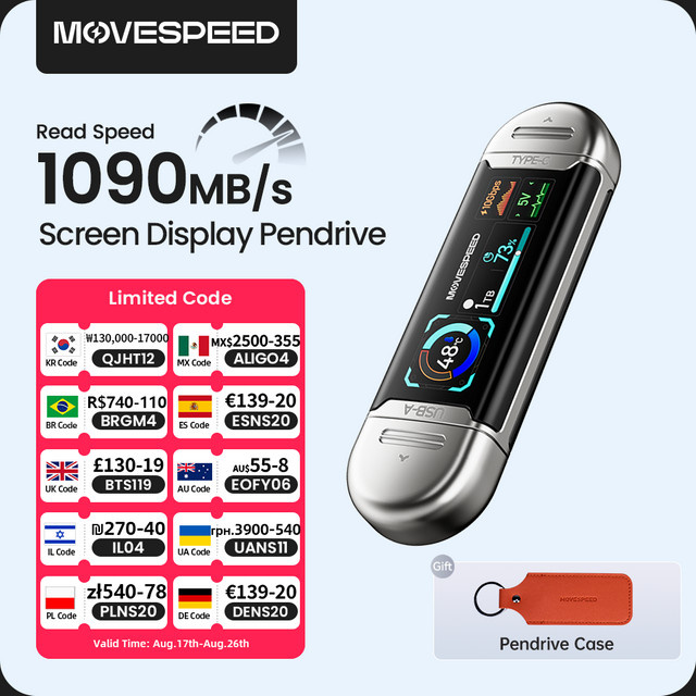 MOVESPEED SU10 USB 3.2 Gen2 Type C Flash Drive mit LCD Display, Silber, 2 TB - Bild 1