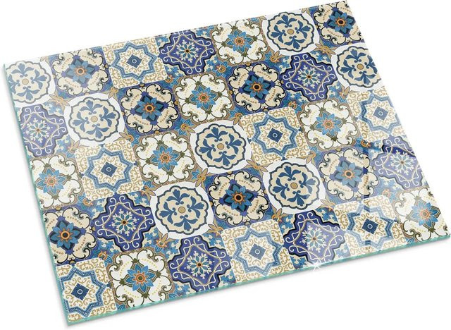 Tulup Glasplatte für Kamin mit Mosaikmuster und Blumen-Design, Blau, B/T: 80 x 60 cm - Bild 1