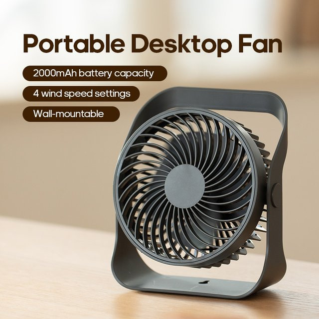 KINSCOTER Tragbarer elektrischer Tischventilator in Weiß, kabelloser USB-Ventator mit 2000 mAh Akku und Haken für Wand- oder Deckenmontage - Bild 1