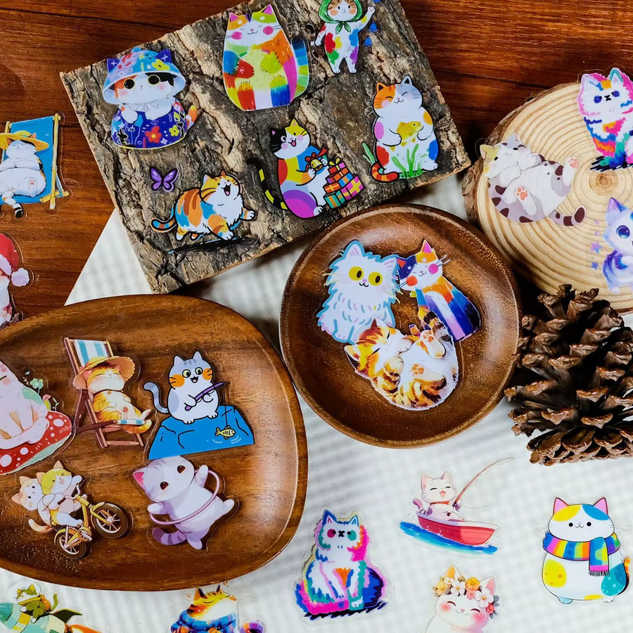 BulingBulingStickers Store Bunte Katzen Aufkleber aus transparentem PET für DIY-Dekorationen, 56 Stück, Mehrfarbig - Bild 2