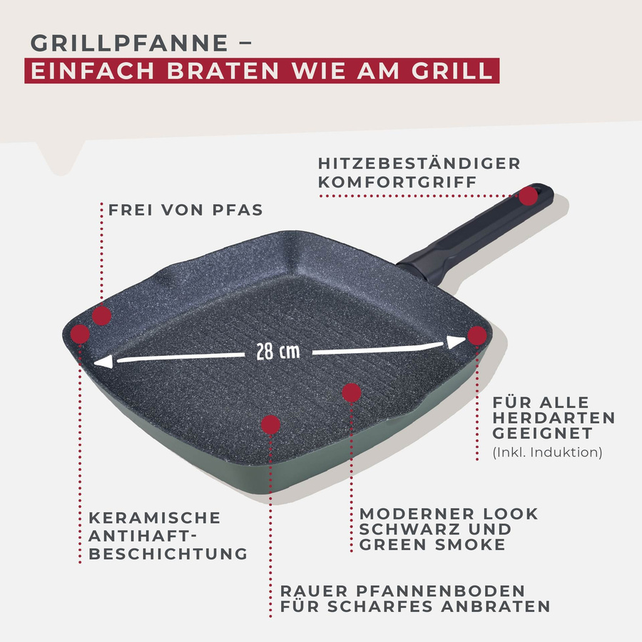 Fackelmann Grillpfanne Balance aus Keramik und Aluminium mit Antihaftbeschichtung, Durchmesser: 28 cm, Grau/Grün - Bild 3