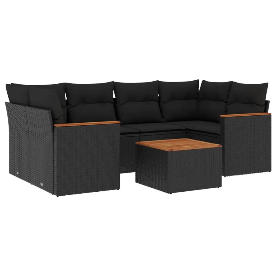 vidaXL 7-tlg Garten-Sofagarnitur aus Poly-Rattan und Akazienholz in Schwarz mit Kissen - Bild 2