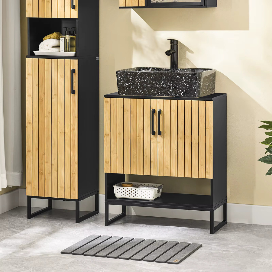 SoBuy Waschbeckenunterschrank BZR202-SCH mit Bambus Tür und Metallfüßen in Schwarz, Breite: 60 cm, Tiefe: 30 cm, Höhe: 70 cm - Bild 2