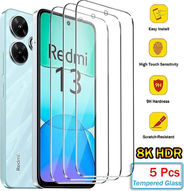 5 Stück Panzerglas Displayschutzfolie für Xiaomi Redmi Note 13 Pro, 12, 13C und 12C, transparent - Bild 1