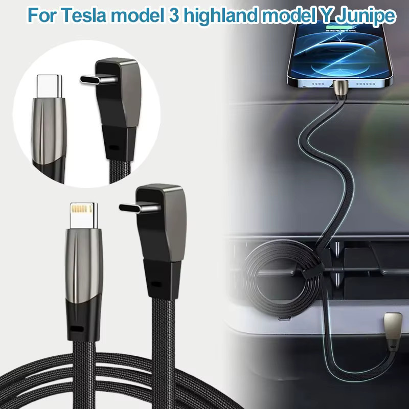 1m USB-C Ladekabel für Tesla Model 3 Highland und Model Y Juniper, 60W Schnellladekabel mit Winkelstecker, Daten- und Ladekabel in Schwarz - Bild 2