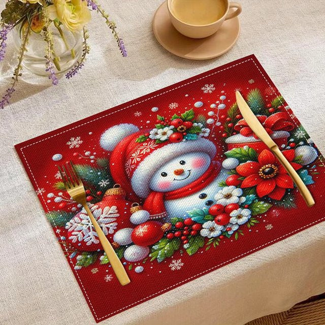 VIKAMA 4er Set Weihnachts-Tischsets mit Schneemann-Motiv in Rot, rechteckig, B: 45,0 cm x T: 30,0 cm x H: 0,3 cm - Bild 1