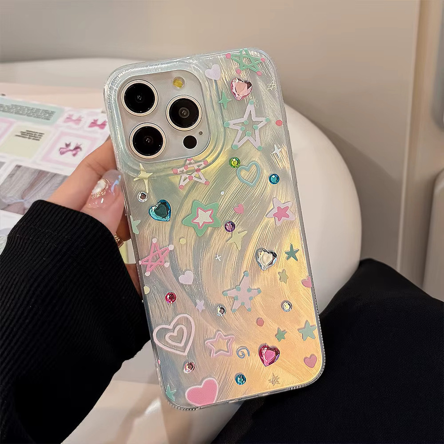 Bunte Sterne und Liebesherz Handyhülle mit Kette für dein iPhone 17 Air 16 15 14 13 12 11 Pro Max, stoßfeste Hartschale in Multicolour - Bild 4