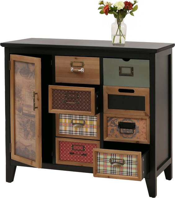 Apothekerkommode MCW-O63 aus Holz in Schwarz mit Vintage Shabby Muster, B/T/H: 80 x 40 x 91 cm - Bild 1