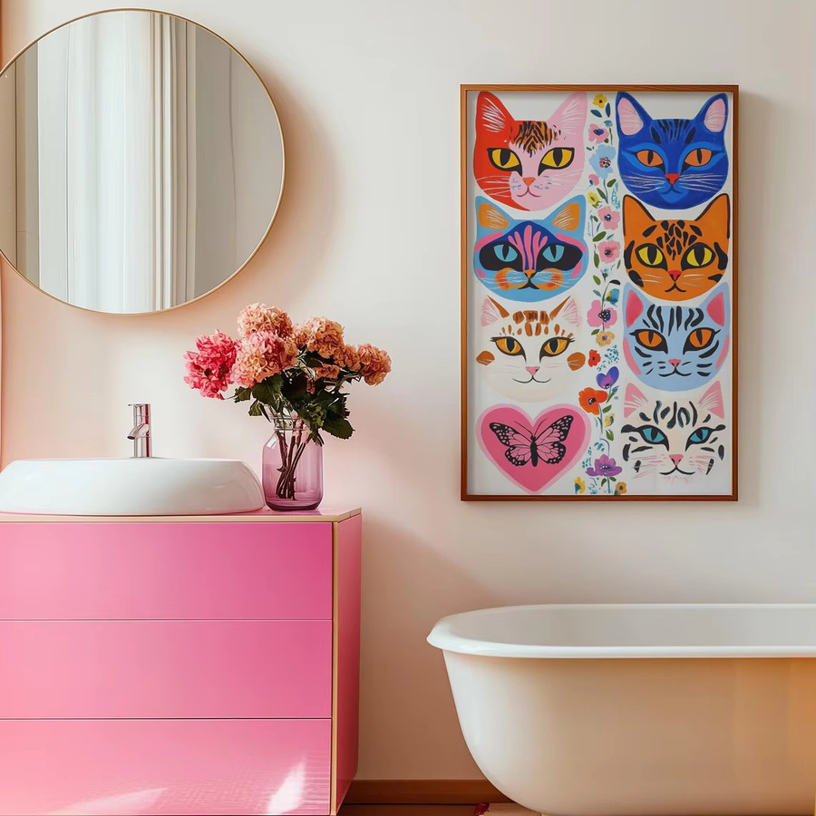 Moderne Wandkunst von SHENCHEN mit mehrfarbigen Katzenporträts, Blumenakzenten und Schmetterlingsmotiven als dekorativer Paper Print - Bild 3