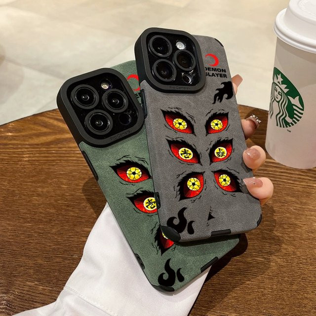 Luxus Kokushibo Dämon Auge Handyhülle aus Wildleder und Silikon für iPhone Modelle in Braun - Bild 1