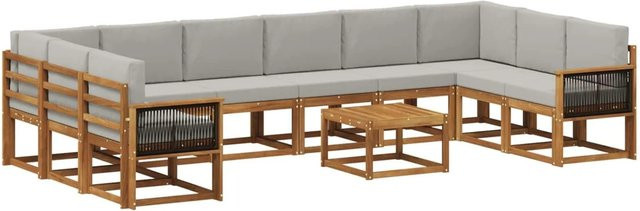 vidaXL Outdoor-Sofagarnitur aus Akazienholz in L-Form mit 11-teiligem Set und Kissen, Farben: Braun und Hellgrau - Bild 1