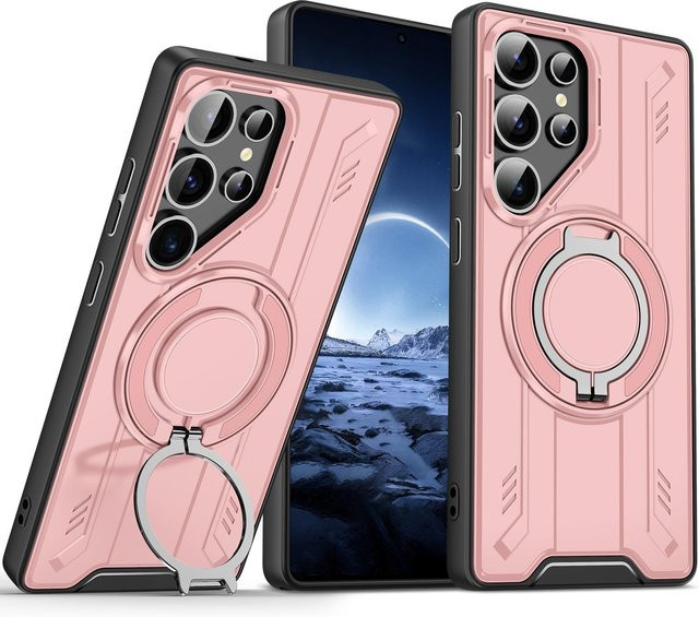 Luxuriöse Leder-Handyhülle mit 360 Grad drehbarem Ringhalter für Samsung Galaxy S25 Ultra S24 Plus S23 S22 A16 A26 A36 A07 in Rosa - Bild 1