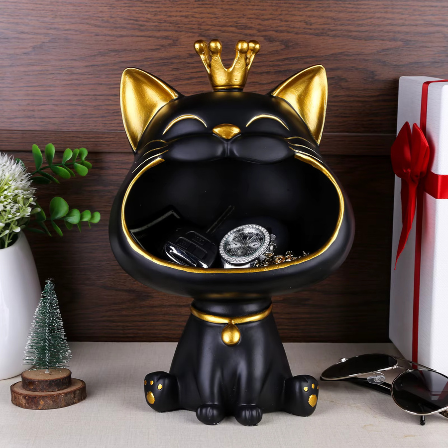 Jaysuing Lachende Katze Statue aus Harz in Weiß als kreative Desktop-Schlüsselbox und Dekoration - Bild 2