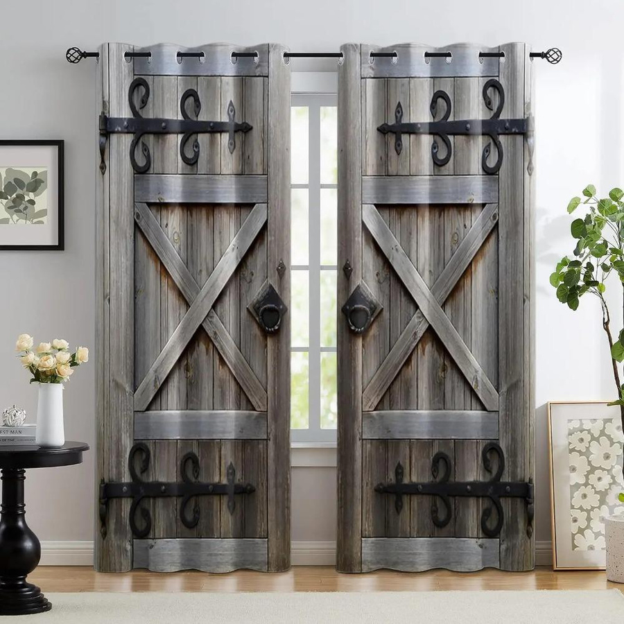Yiran Furniture Verdunkelungsvorhänge im rustikalen Holzmaserungs-Design, 2er-Set, Farbe: Braun, Höhe: 130 cm, Breite: 100 cm, mit Ösenaufhängung - Bild 1