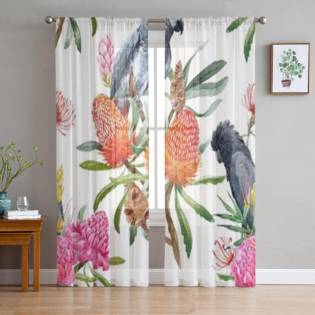 Super Six Transparente Tüll-Vorhänge mit Aquarell Tropischen Blüten in Weiß und Multicolour, B: 135 cm, H: 114 cm - Bild 1