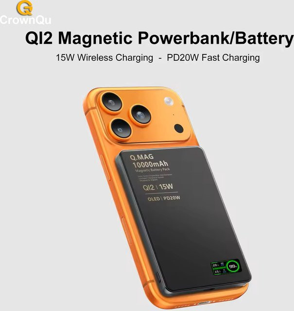 CrownQu Magnetische Kabellose Powerbank mit Qi 2.1 und USB-C Schnellladung, Externer Akku 10000mAh, Orange - Bild 1