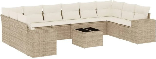 vidaXL 11-teilige Garten-Sofagarnitur aus Poly-Rattan in Beige und Cremeweiß mit Kissen und Glastisch - Bild 1