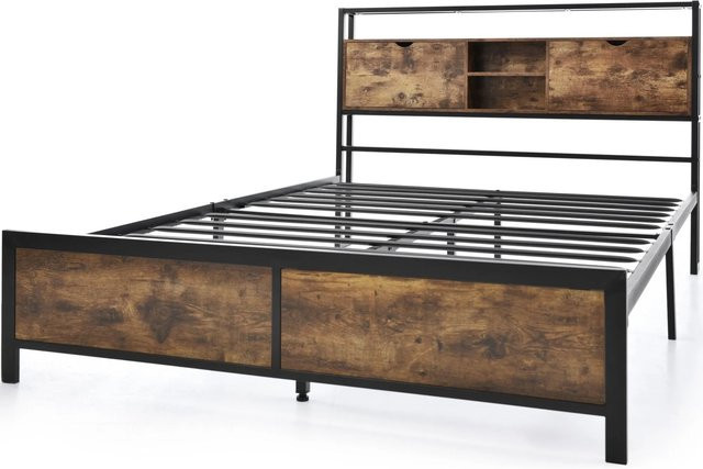 okwish Metallbett im industriellen Design mit Stauraum-Kopfteil und Metall-Lattenrost, B/T/H: 140 x 200 x 145 cm - Bild 1