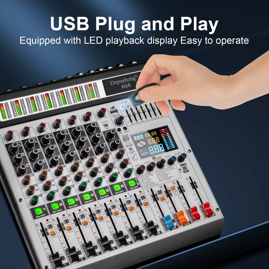 Depusheng AG8 Professionelles 8-Kanal-Mischpult mit 99 DSP Digitalen Effekten für DJ-Konsole und Bühnentechnik - Bild 2