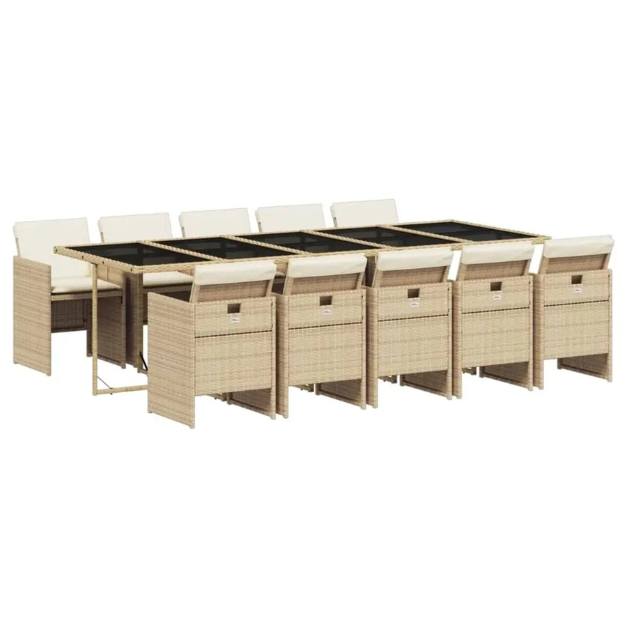 vidaXL 11-teilige Garten-Essgruppe aus Poly Rattan in Beige und Cremeweiß mit wetterfesten Kissen und Hartglas-Tischplatte - Bild 2