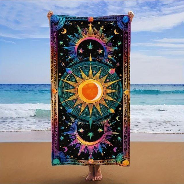 JMG Household Supplies Bohemian Strandtuch mit Sonne, Mond & Sternenhimmel aus Mikrofaser, schnelltrocknend und ultra-weich, Multicolour, Breite: 180 cm, Höhe: 90 cm - Bild 1