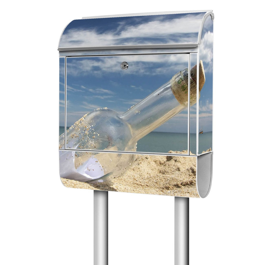 Freistehender Briefkasten banjado modern mit Motiv Flaschenpost in Weiß und Multicolour, pulverbeschichtet aus Stahl mit Zeitungsfach, B/T/H: 38 x 16 x 161,5 cm - Bild 1