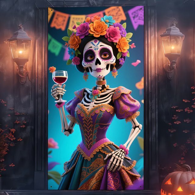 Mexikanisches Tag der Toten und Halloween Party-Banner aus Polyester, Mehrfarbige Wanddekoration mit Blumenmuster, B/H: 90 x 180 cm - Bild 1