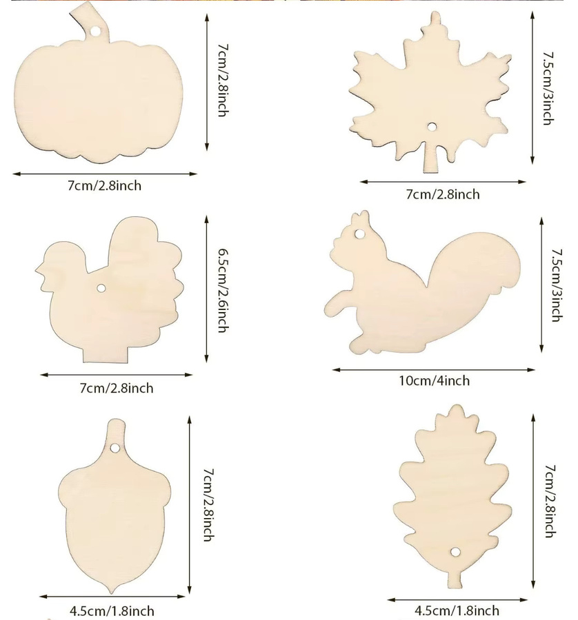 12-teiliges Thanksgiving-Set aus weißem Holz mit Kürbis, Truthahn, Ahornblatt, Eichhörnchen und Tannenzapfen als hängende Dekoration für deine Heimwerkerarbeiten - Bild 3