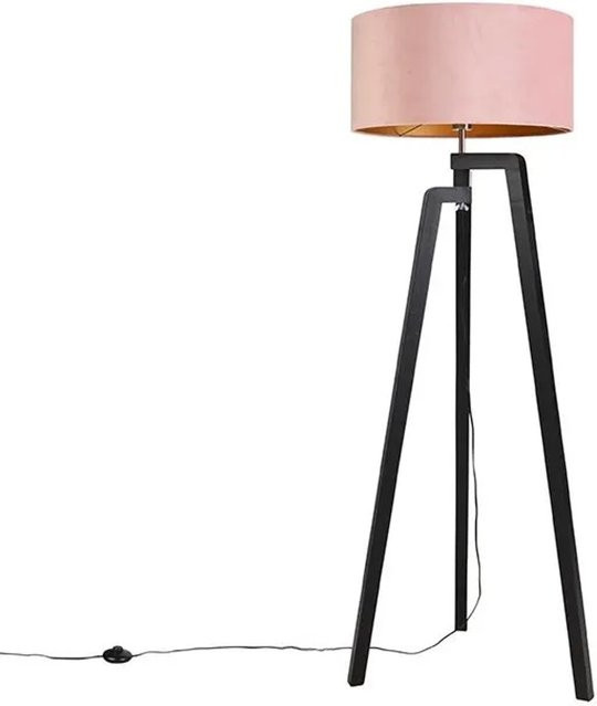QAZQA Puros Stehlampe Stativ mit rosa Stoffschirm in Schwarz, Gold und Rosa, dimmbar, E27 - Bild 1