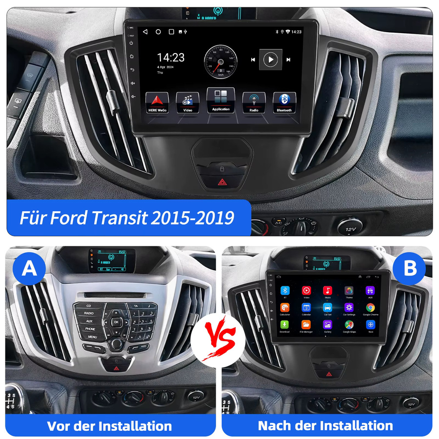 ESSGOO Android 14 Autoradio für Ford Transit 2015-2019 mit 9 Zoll Display, GPS, Wireless CarPlay, Android Auto, Bluetooth und WiFi, Schwarz - Bild 2