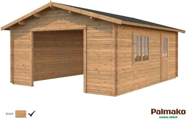 Palmako Holzgarage Roger in Braun mit Doppelfenstern und Nebeneingangstür, B/T: 450 x 550 cm - Bild 1