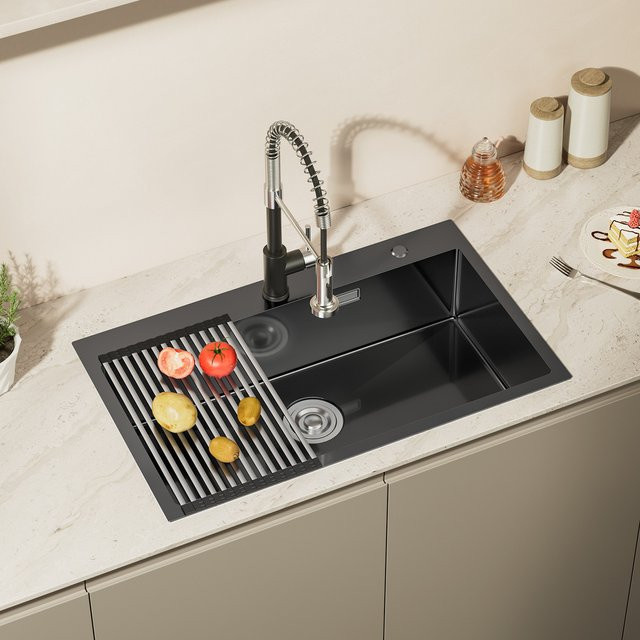 CECIPA max Einbauspüle aus Edelstahl in Schwarz mit Nano Beschichtung, inklusive Rollmatte, Spülkorb und Siphon Set, B/T: 75 x 45 cm - Bild 1