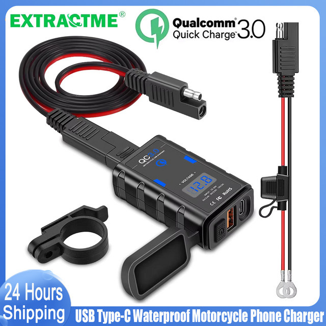 Extractme Motorrad USB Ladegerät Wasserdicht mit QC3.0 USB-A und Typ-C, 6,4 A Netzteil mit Voltmeter und Kabel für Moto Adapter - Bild 1