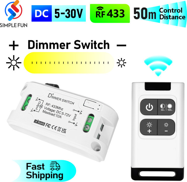 SLMPLEFUN Drahtlose RF 433 MHz Fernbedienung und Mini-Empfänger Set zur LED Helligkeitseinstellung und Dimmung für DC 5 V bis 72 V - Bild 1