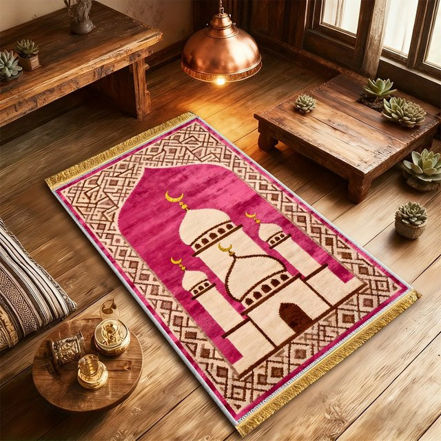 VIKAMA Islamischer Gebetsteppich Rosa mit geometrischem Moschee-Mond-Design aus Polyester - Bild 1