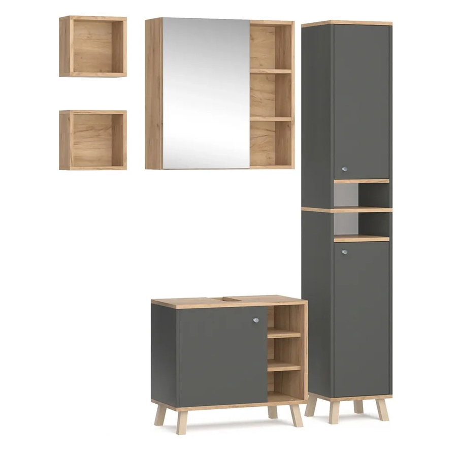 Vicco Badmöbelset Senyo in Anthrazit und Gold, 4-teiliges Set mit Hochschrank, Waschtischunterschrank und Spiegelschrank - Bild 3