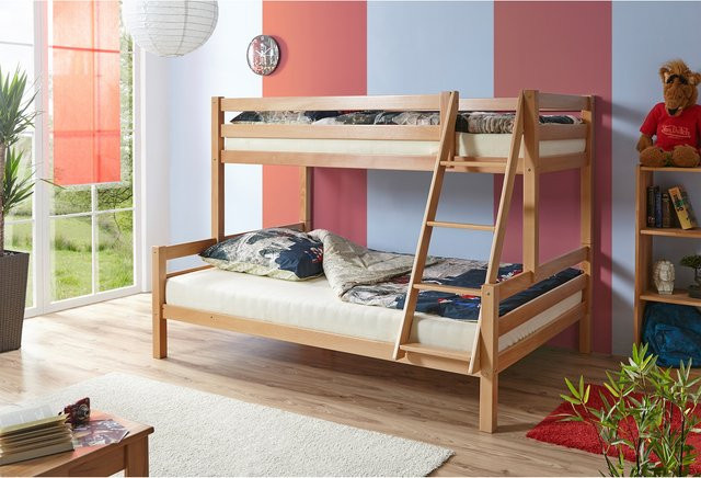 TiCAA Etagenbett Maxim aus massiver Buche in Braun, Höhe: 208 cm, Breite: 150 cm, Tiefe: 79 cm - Bild 1