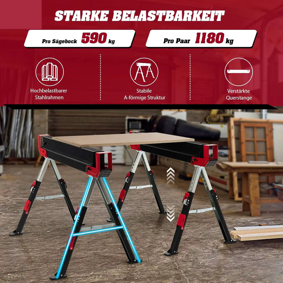 GOFLAME Arbeitsständer Set 2 Stück, höhenverstellbare Sägeböcke mit rutschfestem PVC-Oberteil, rot-schwarz, maximale Belastbarkeit 1180 kg - Bild 6