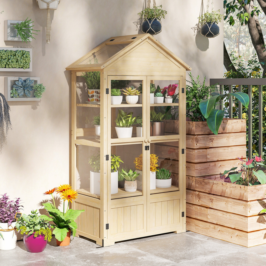 Outsunny Gewächshaus aus Holz in Braun mit 4 Ebenen, Dachfenster und Doppeltür, abschließbares Frühbeet für Garten und Balkon - Bild 2
