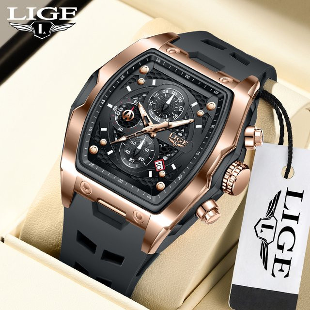 LIGE Armbanduhr Quarz, Eckig, Silikon, Schwarz, Herren - Bild 1